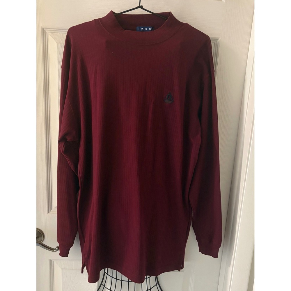 IZOD Men's Medium Burgundy Ribbed Mock Neck Long Sleeve Cotton Shirt